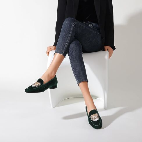 Embroidered Loafers for Women Round Toe Velvet Flats with Tiger Head Pattern in Saudi Arabia