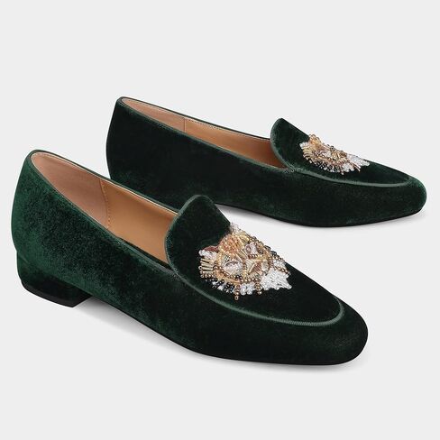 Embroidered Loafers for Women Round Toe Velvet Flats with Tiger Head Pattern in Saudi Arabia