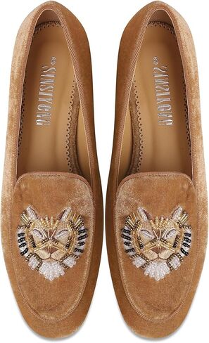 Embroidered Loafers for Women Round Toe Velvet Flats with Tiger Head Pattern in Saudi Arabia