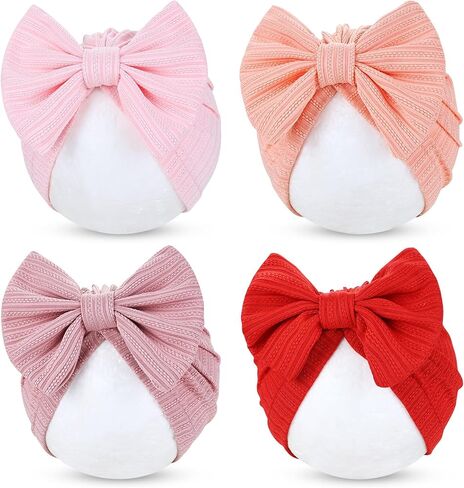 Cinaci 4 Pieces Baby Girls Turban Hats with Bow Newborn Hospital Caps Bonnet Beanies Headwraps for Infants Toddlers in Saudi Arabia