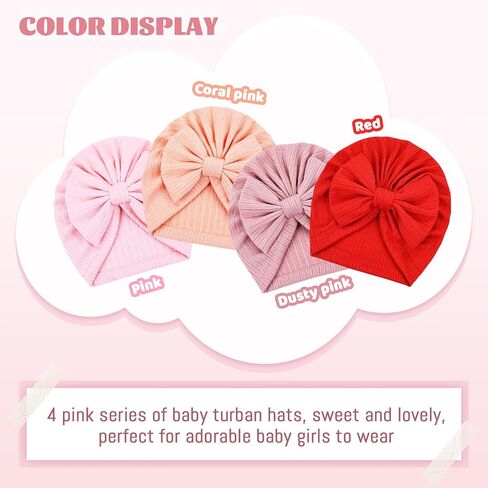 Cinaci 4 Pieces Baby Girls Turban Hats with Bow Newborn Hospital Caps Bonnet Beanies Headwraps for Infants Toddlers in Saudi Arabia
