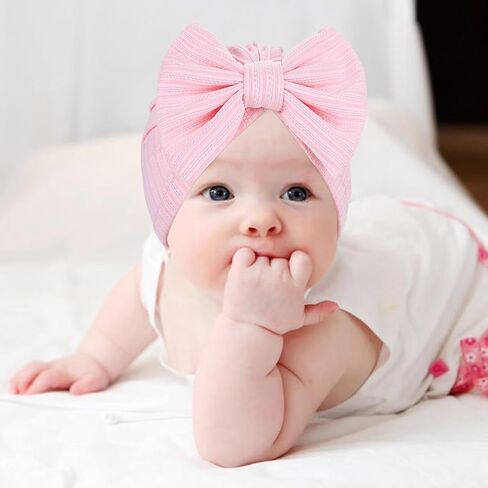 Cinaci 4 Pieces Baby Girls Turban Hats with Bow Newborn Hospital Caps Bonnet Beanies Headwraps for Infants Toddlers in Saudi Arabia