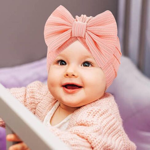 Cinaci 4 Pieces Baby Girls Turban Hats with Bow Newborn Hospital Caps Bonnet Beanies Headwraps for Infants Toddlers in Saudi Arabia