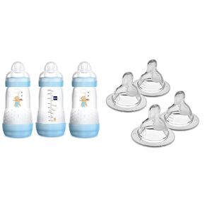 MAM Easy Start Anti-Colic 9 oz Baby Bottles (3-Count) Bundle with Slow & Medium Flow Nipples (4-Pack) for Breastfed Babies