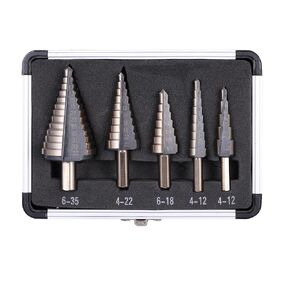 Step Drill Bits, 5PCS (44 Sizes) Metric HSS Step Unibit Drill Bit Set with Aluminum Case, Double Cutting Blades, High-Speed Steel, Multiple Hole Stepped Up Bits for DIY Lovers