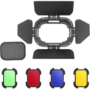 Godox BD-07 II Barndoor Kit لـ Godox Ad200Pro II Head Head H200ii مع شبكة قرص العسل القابلة للفصل و 4 مرشحات ألوان (باللون الأزرق الصفراء الأحمر) متوافق مع AD200PROII MONOLIGH