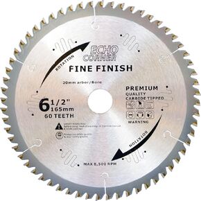 6-1/2-Inch (20mm Arbor) 60-Tooth Track Saw Blade Plunge Saw Blade for Fine Finish Fine Cut Wood, Plywood, MDF, Plastic, Veneer, Particle Board, Hardbord