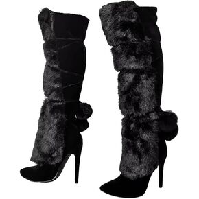 Frankie Hsu Fashion Designer Sexy Big Size Black Furry Flurffy Fuzzy Plush Faux Fur Stiletto Heels Knee High Wide Calf Tall Long Winter Boots For Women US4-14