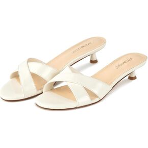 wetkiss Womens Heeled Sandals Open Round Toe Slip on Kitten Heel Mules Low Heel Slide Sandals for Women Cross Strap Backless Mule Flats Comfortable Summer Dress Heels