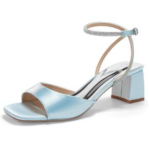 Coutgo Womens Heeled Sandals Rhinestone Chunky Low Heels Satin Square Toe One Strap Ankle Buckle Dress Shoes