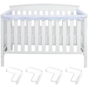 Breathable Bed Edge Rail Cotton Protector and 4 Clear PVC Corner Guard Set, Reversible Guardrail Cover Protector, Teething Protection (Blue)