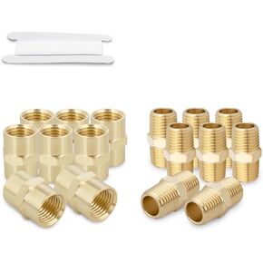 16PCS Brass Pipe Fitting, Brass Hex Nipple Hex Coupler, Male Thread Pipe 1/4" x 1/4" NPT, Female Thread Pipe 1/4Inch x 1/4Inch NPT