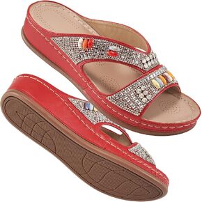 Ecetana Womens Sandals Wedge Slides Dressy Summer Rhinestone Beaded Bohemian Platform Comfortable Casual Shoes