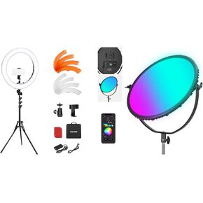 NEEWER GR18C 18" RGB LED Round Panel Video Light APP Control, 65W RGBCW Photography Studio Lighting with RL-18 55W 18"/45cm Ring Light Kit [New Version], 5600K 0-100% Dimming LED Selfie Light