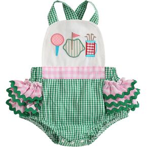 Suolongsama Newborn Baby Girl Golf Outfit Sleeveless Overall Romper Golf Embroidery Ruffle Backless Bodysuit Summer Clothes