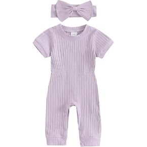 Ledy Champswiin Newborn Girl Summer Clothes Baby Short Sleeve Romper Solid Ribbed Jumpsuit with Headband Infant Outfit