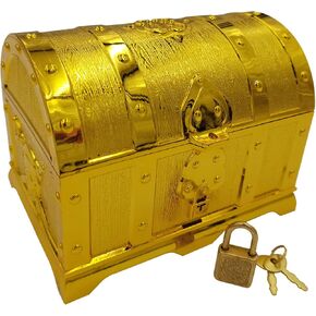 Pirate Treasure Chest for Kids,Golden Plastic Toy Treasure Chest with Lock and Key for Kids Treasure Hunting Games,Cool Pirate Birthday Party and Christmas Toy Gift.