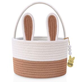 Easter Baskets for Kids, Pink Large Woven Rope Bunny Personalized Easter Basket Empty with Handle, Basket Name Tag, Baby Egg Easter Baskets for Girls, Boys, Toddler, Babies, Infant, Easter Gifts