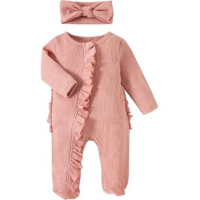 Karwuiio Newborn Baby Girl Clothes Long Sleeve Solid Color Romper Jumpsuits with Headband Infant Coming Home Outfit (Pink, 0-3 Months)