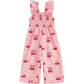Toddler Baby Girl Summer Outfit Ruffle Romper Jumpsuit Strawberry Floral Suspender Pants Wide Leg Overalls Clothes