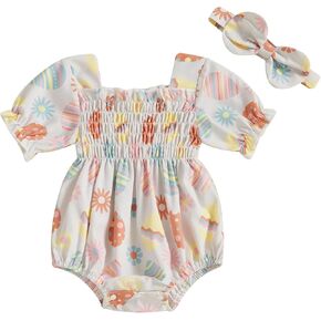 Newborn Baby Girls Easter Outfits Printted Ruffle Sleeve Pleated Smocked Bubble One Piece Ruched Jumpsuit Bodysuit