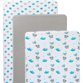 JABMARS Crib Sheets (3 Pack) - Soft Jersey Cotton Fitted Baby Crib Sheets | Cute Bed Sheets & Toddler Bed Mattress | Baby Boy Crib Bedding Set | Blue Grey Elephant (Purple)