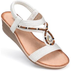 SHIBEVER Womens Wedge Sandals Low: Elastic Ankle Strap Wedge Sandals - Dressy Sandals Women - Comfortable Open Toe