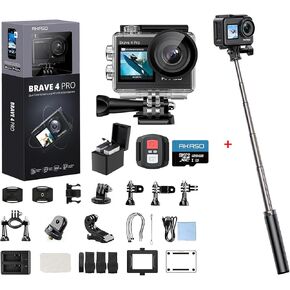 AKASO Brave 4 Pro 4K30 Action Camera with 128GB MicroSD U3 Card and 60cm Selfie Stick Tripod Stand Bundle