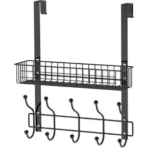Coat Rack, Over The Door Hanger with Mesh Basket, Detachable Storage Shelf for Towels, Hats, Handbags, Coats (Pink)
