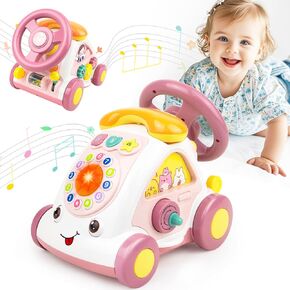 Love&Mini Baby Musical Toys for Girls - Crawling Steering Wheel Toys with Car, Telephone, Lights & Sounds - Multi-Functional Educational Gifts for 18+ Months Old Girls Birthday Xmas
