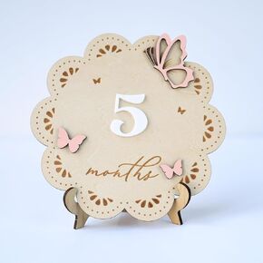 Wooden Baby Monthly Milestone Sign, 5 Months, Pink Butterfly Design, Nursery Photo Prop (Butterfly)