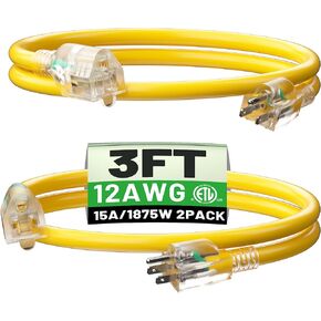 100 ft 12/3 Outdoor Extension Cord Waterproof Heavy Duty with Lighted Indicator End 12 Gauge 3 Prong, Flexible Cold-Resistant Long Power Cord Outside, 15Amp 1875W SJTW Yellow ETL Listed