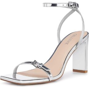 Strappy Women High Heels: 3.4 Inch Sexy Wide Heel Sandals, Square Open Toe Heeled, Comfortable Prom Party Wedding Shoes