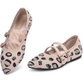 BEJINASH Women's Mary Jane Flat Dressy Knitted Shoes with Double Adjustable Strap Ballets Comfortable for Work Pointed Toe Flats Shoes for Women