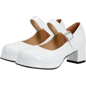 LUXMAX Women Patent Leather Mary Janes Block Heel Platform Pumps Ankle Strap Buckle Chunky Heel Pumps Closed Square Toe Dress Shoes