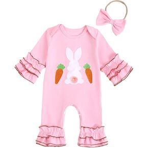 Noubeau Baby Girl Easter Outfit Newborn Smocked Bunny/Carrot Romper Ruffle Jumpsuit Headband Infant Spring Clothes