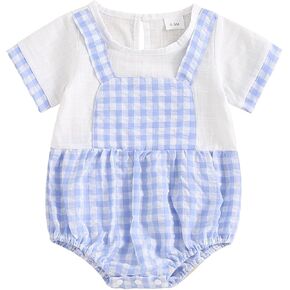 Newborn Baby Boys Girls Ginghem Romper Short Sleeve Plaid Patchwork Bodysuit Tops Unisex Baby Summer Clothes