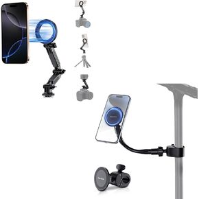 Stand Phone Holder + Magnetic Cold Shoe Mount: Magnetic Phone Holder for Microphone Stand with Extended Magnetic Cold Shoe Mount for Phone & Action Camera