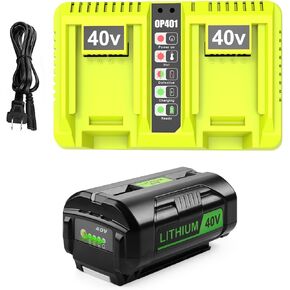 1Pack 40V 7.5A Replacement Ryobi 40V Battery and Dual Charger Kit for Ryobi 40V Lithium Battery OP4026 OP40601 OP4050A OP4040 OP4030 OP4050, 2Port OP401 Ryobi 40V Charger