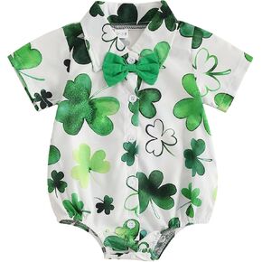 St Patricks Day Baby Boy Clothes Shamrock Print Shirt Romper Short Sleeve Button Down Bodysuit Jumpsuit Irish Outfit
