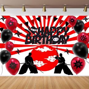Ninja Birthday Backdrop for Ninja Themed Birthday Party Decorations, Ninja Warrior Japan Katana Samurai Photography Background, Ninja Samurai Happy Birthday Banner 8x6ft
