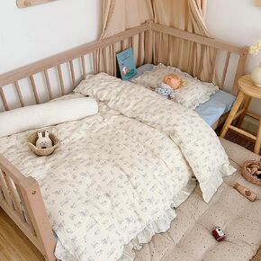 AOJIM Cute Kids Muslin Duvet Cover Set with Cat Patterns, 100% Cotton Toddler Comforter Cover Set 2 Pieces, Ruffled Design Baby Crib Quilt Cover 47X59 inch and 1 Matching Pillowcase 20X12 inch