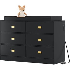 Changing Table Dresser with 6 Drawers, Changing Dresser with Power Outlets, Baby Dresser with Changing Table Top, Nursery Dresser Diaper Changing Station with Soft Changing Pad & Removable Top, Black