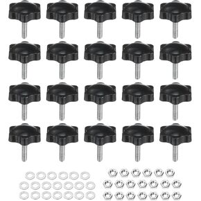 uxcell 20pcs Star Clamping Knobs with Nuts Washers, M8 x 20mm Metric Zinc Plated Carbon Steel Male Thread 32mm 6-Star Plastic Head, Threaded Stud Hand Knobs Handles Thumb Screws, Black