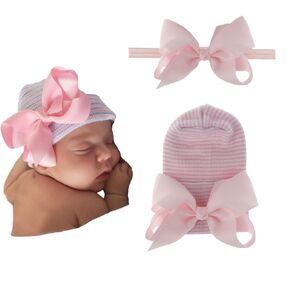 2PCS Newborn Baby Hat Infant Caps Baby Boy Girl Toddler Hospital Hats Bow Double Layer Knit Beanie Cap With Headband for 0-3 Months(white, elastic)