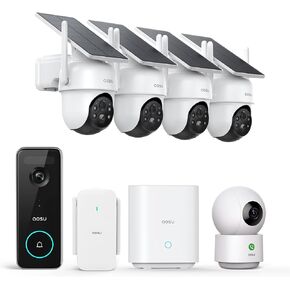 AOSU Home Security System DIY Kit, SolarCam D1 Classic 4 Kit + 5MP Doorbell Camera Wireless + 2K Indoor Camera.