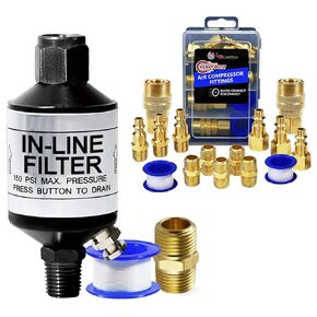 LE LEMATEC Air Compressor Moisture Filter & 15pc Fitting Kit Bundle – Clean, Efficient Airflow & Secure Connections (AI303-C1+LE-CU15K)