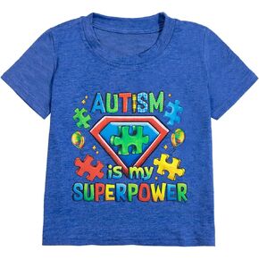 Autism is My Super Power Superhero Shirts Toddler Boys Autism Awareness Shirt Kids Summer Short Sleeve Tops