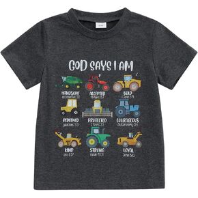 Kids Toddler Little Boys T-Shirt God Says I Am Construction Bible Verse Truck Excavator Tractor Shirt