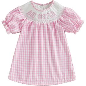 Big Sister Baby Sister Matching Outfit Letter Embroidery Short Sleeve Smocked Bubble Romper Plaid Dress Summer Clothes